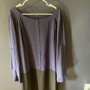 Eileen Fisher shirt dress size XL blue/ Black silk crepe de chine Colorblock